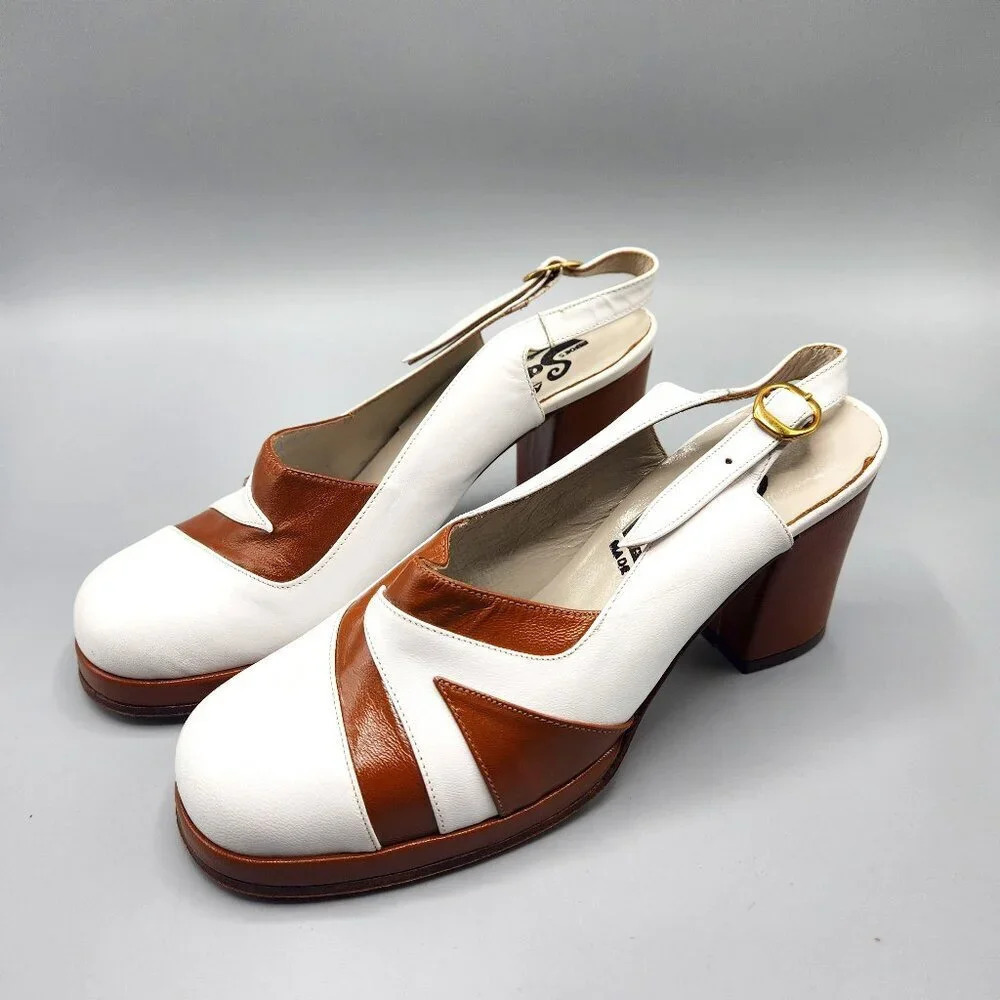 Vintage Platform Heels White Brown Italy Size 6